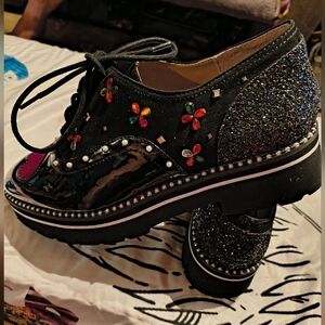 Betsey Johnson Sparkling Black and Silver Platform Shoes